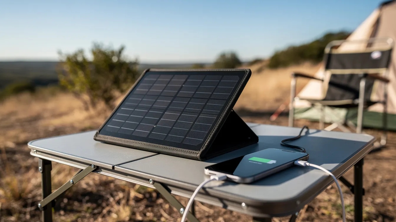 Ein Solarpanel liegt auf einem Campingtisch in der Mittagssonne und lädt ein Smartphone über einen USB-Anschluss auf. Die Szene zeigt die Nutzung eines Solarladegeräts für Outdoor-Aktivitäten, ideal für Camping und Reisen.