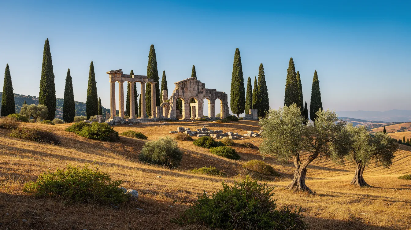 Die mediterrane Landschaft zeigt antike Ruinen, umgeben von eleganten Zypressen, unter einem strahlend blauen Himmel. Diese Szenerie erinnert an die Inspiration, die Autoren wie Johann Wolfgang von Goethe und Friedrich Schiller während ihrer Italienreise in der Weimarer Klassik fanden.