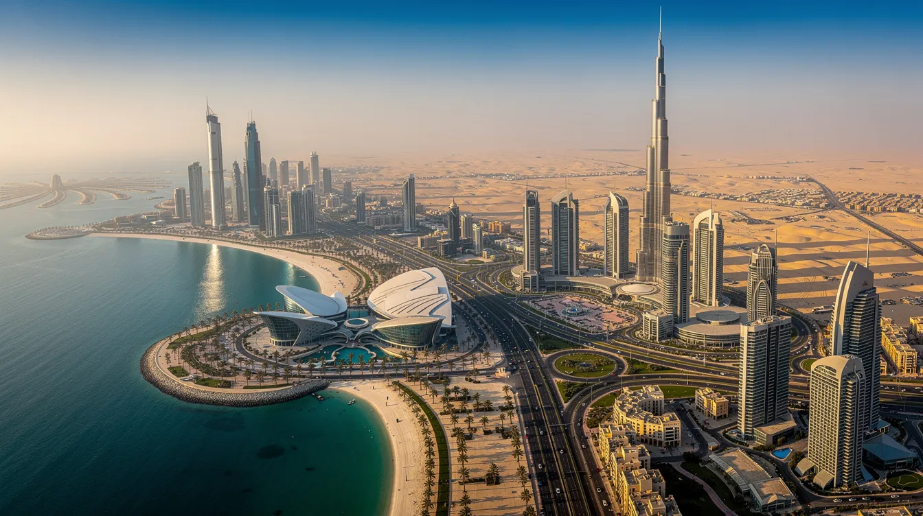 A imagem retrata uma vista panorâmica de Abu Dhabi e Dubai, duas das principais cidades dos Emirados Árabes Unidos, com seus impressionantes arranha-céus e a costa do Golfo Pérsico ao fundo. O cenário reflete o estilo de vida moderno e vibrante dessas cidades, que abrigam milhões de habitantes e são destinos populares para turistas de todo o mundo.