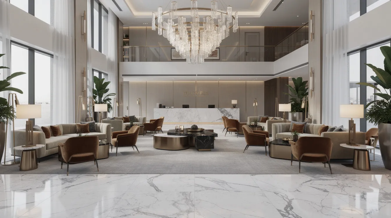 The image depicts a modern luxury hotel lobby featuring sleek marble flooring and elegantly designed furniture, creating a sophisticated atmosphere for guests. This upscale setting is ideal for a hotel feasibility study, highlighting the importance of market analysis and financial viability in the hospitality industry.