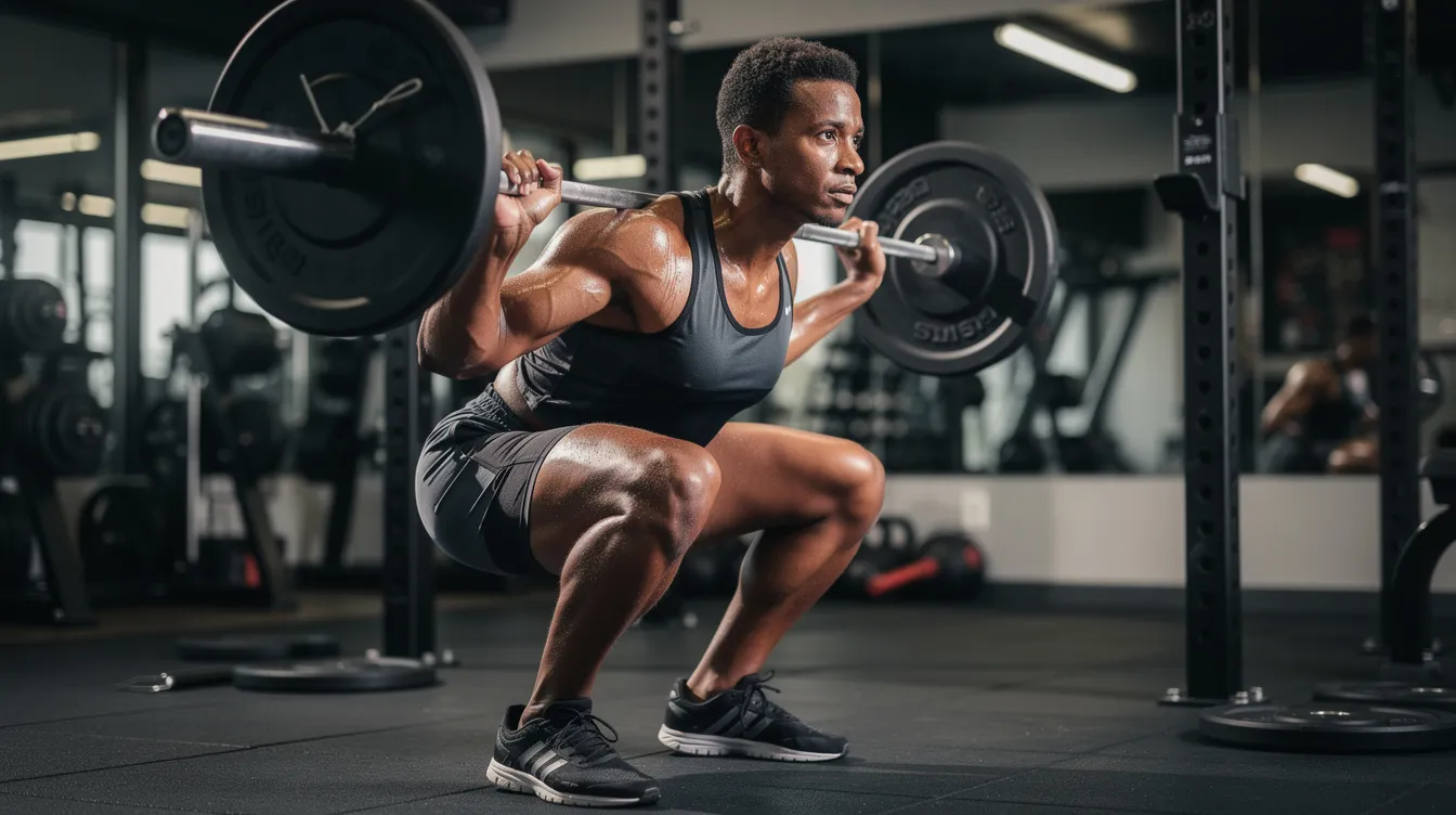 A fit person is performing heavy barbell squats in a gym, showcasing their muscle strength and dedication to their fitness regimen. The scene emphasizes intense training sessions aimed at promoting muscle growth and increasing muscle mass, reflecting the commitment to building lean muscle and achieving fitness goals.