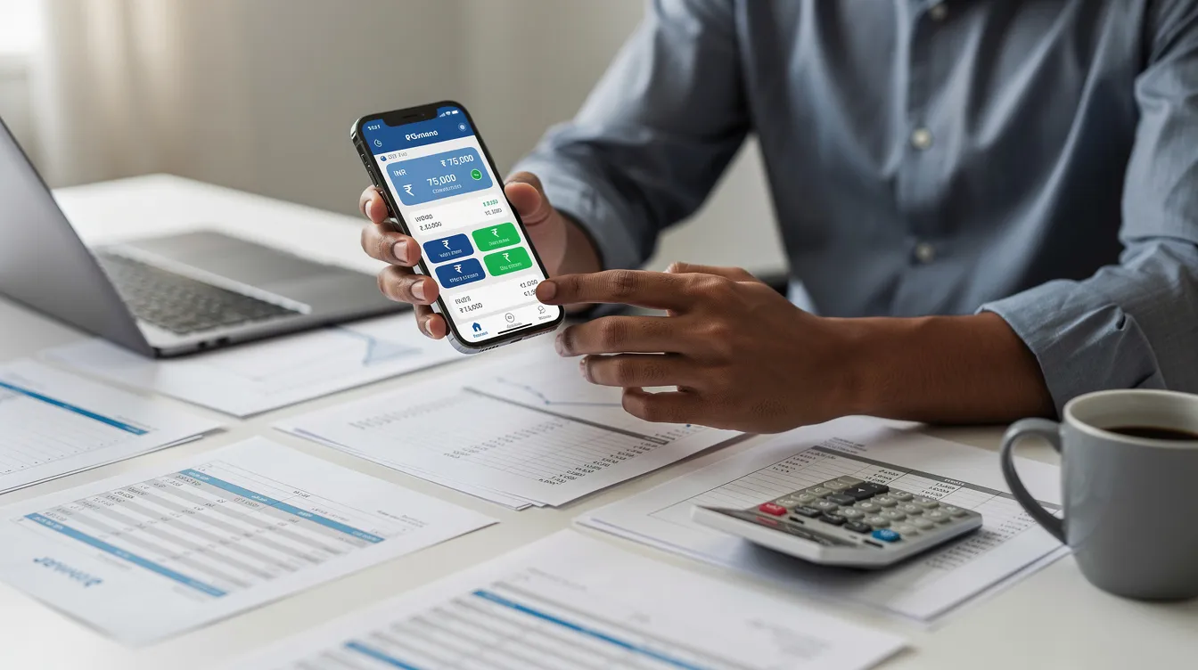 A person is sitting at a desk, holding a smartphone that displays a currency conversion screen featuring Indian Rupee symbols. Surrounding them are various documents, illustrating the context of financial transactions and the process of sending money, possibly related to esaf small finance bank services.