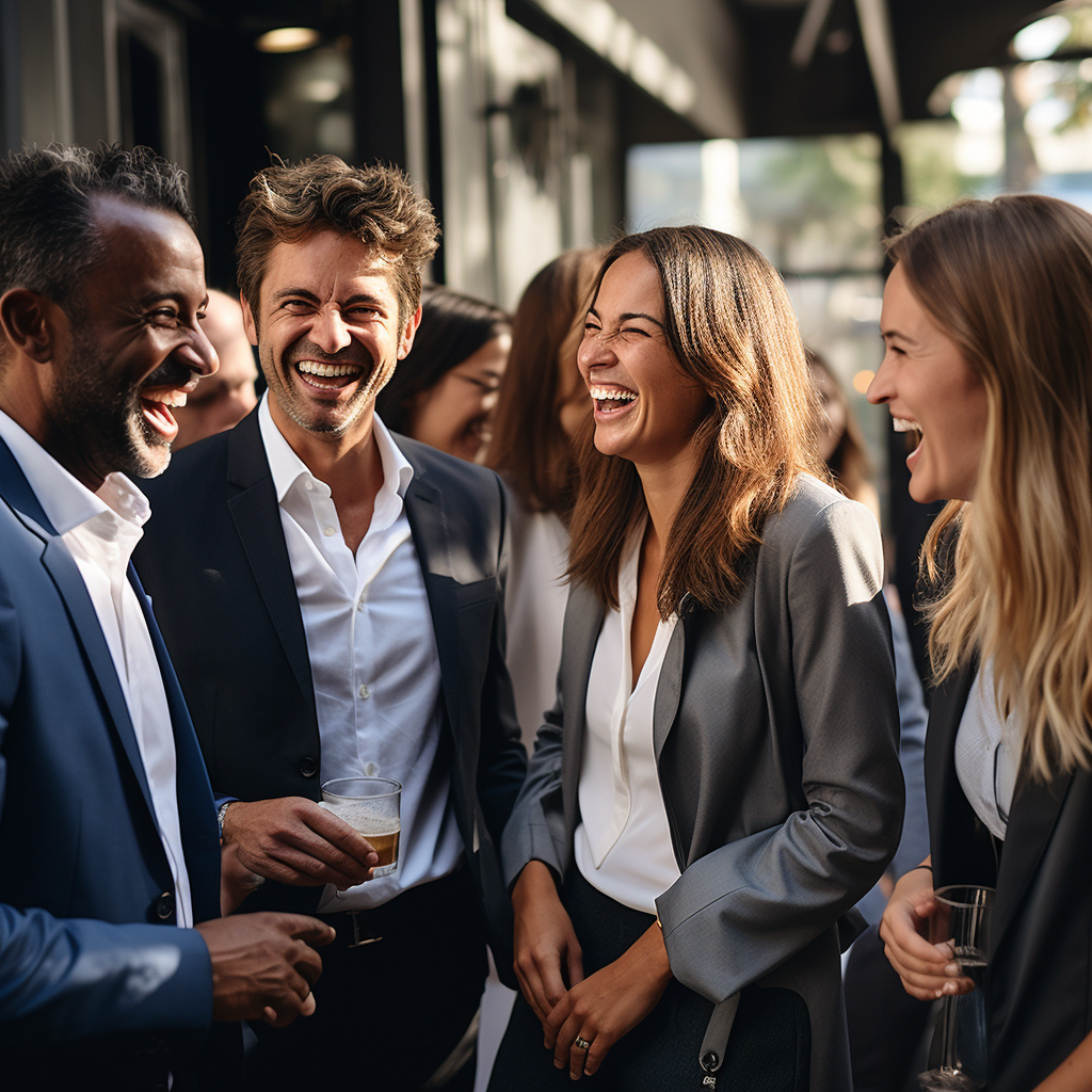 5 people socializing at a busniness reception event, laughing.