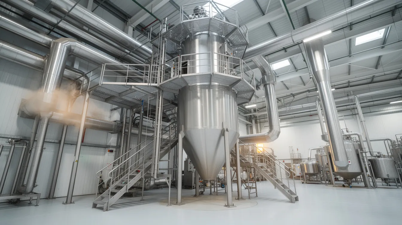 The image depicts a large stainless steel industrial spray dryer located within a food processing plant, featuring an intricate network of connecting pipes and platforms. This essential equipment is crucial for the production of pulse protein and plant-based proteins, contributing to the rising demand for nutritious food products in the global pulses market.