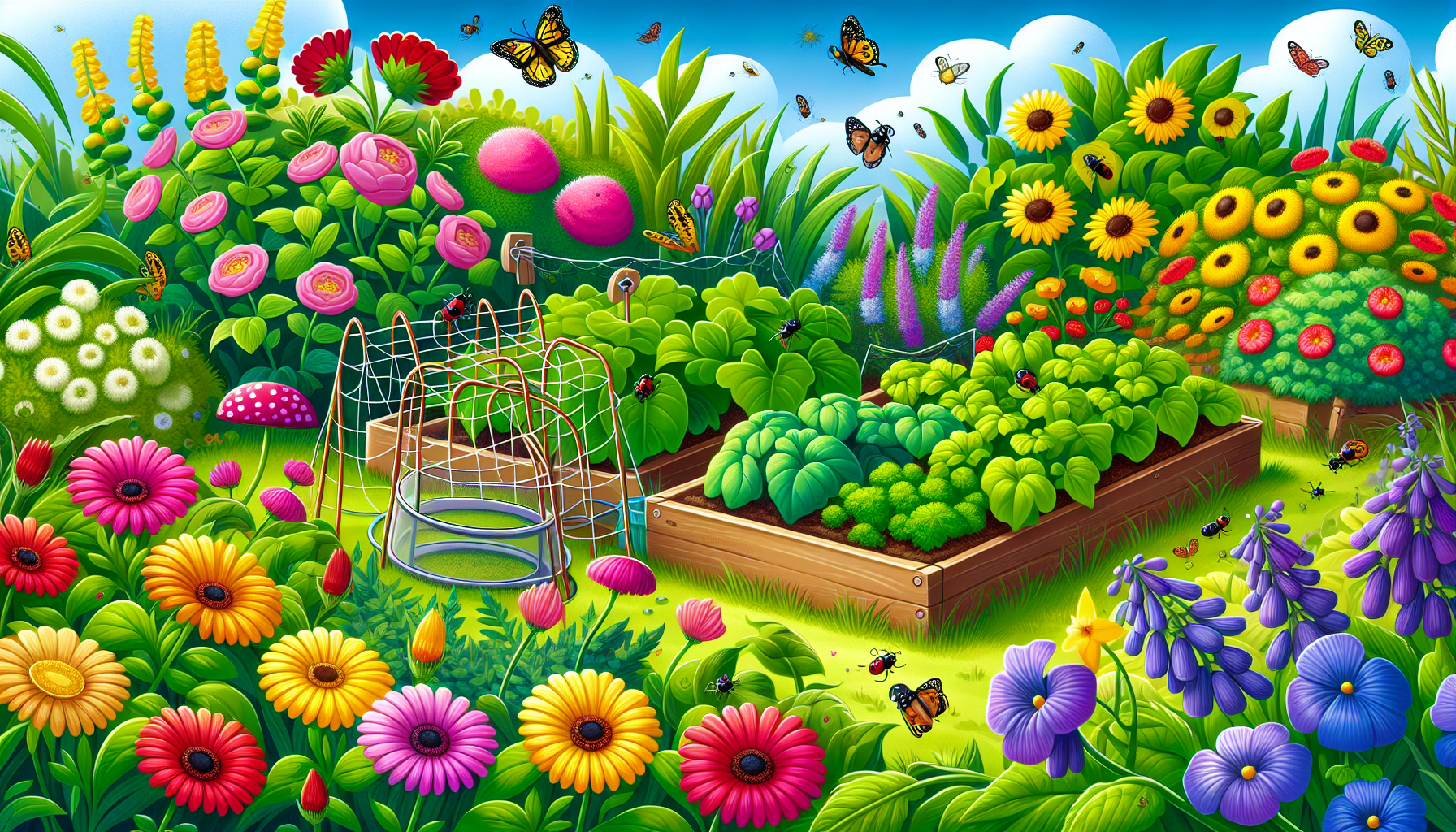 Illustration of a garden with pest prevention measures.