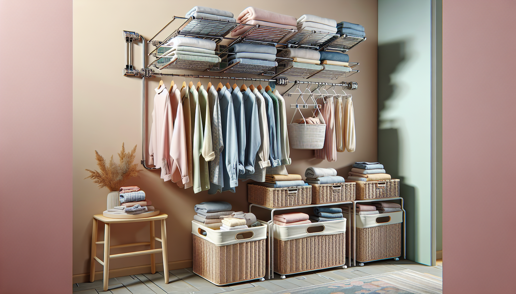 Illustration of a laundry room with wall-mounted drying racks and storage baskets