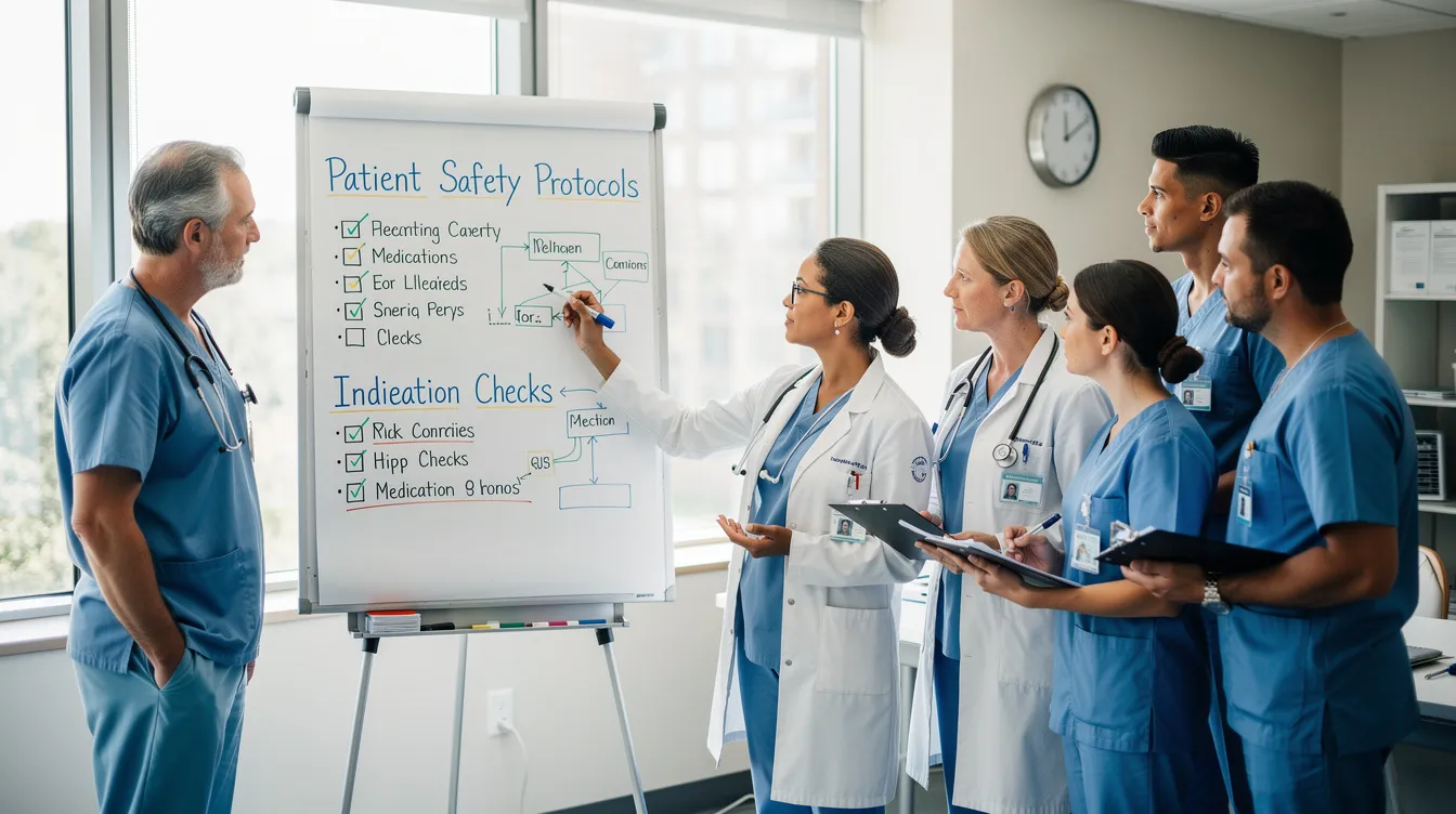 A healthcare team, consisting of various professionals, is gathered around a whiteboard discussing strategies to improve patient safety and reduce medical errors, such as medication and diagnostic errors. Their focus is on enhancing communication and protocols to prevent patient harm in healthcare settings.