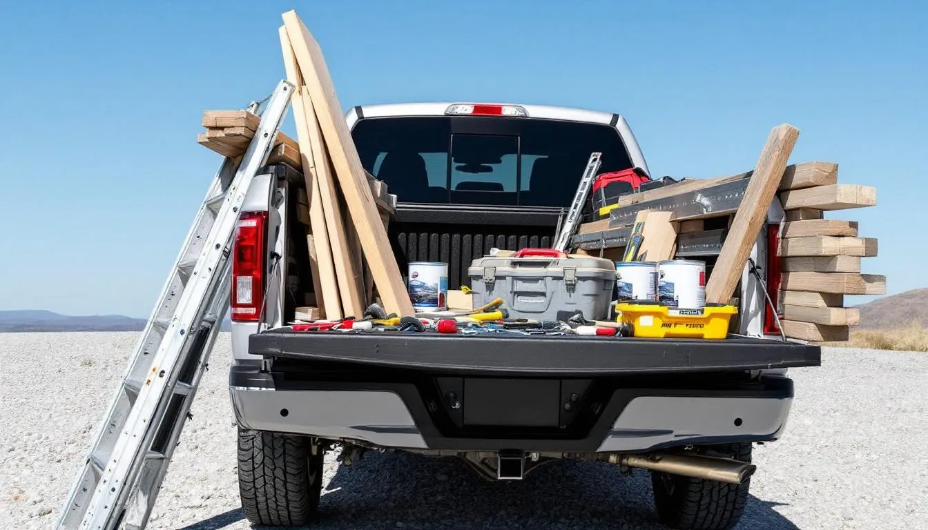 The image depicts a Ford F-150 truck bed loaded with various construction materials and tools, showcasing the cargo box volume and versatility of the truck. The well-organized cargo highlights the bed dimensions, making it ideal for hauling larger items during weekend adventures or work projects.
