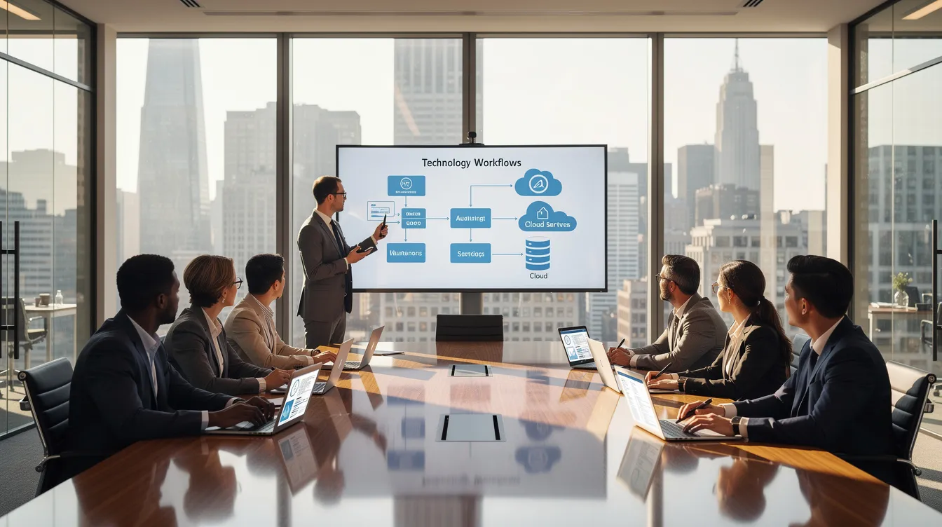 A group of professionals, including legal counsel and AI developers, are gathered in a conference room, reviewing technology workflows related to artificial intelligence and machine learning. They are discussing regulatory compliance and the legal landscape surrounding AI technologies, focusing on the implications for intellectual property and data protection.