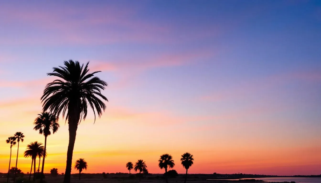 A stunning sunset view over the Orange River in Fort Myers, Florida, features silhouetted palm trees against a golden sky, creating a romantic setting perfect for relaxing and enjoying the beauty of Southwest Florida. This picturesque scene invites visitors to unwind and share stories in a community that celebrates the heart of southern regional cuisine.