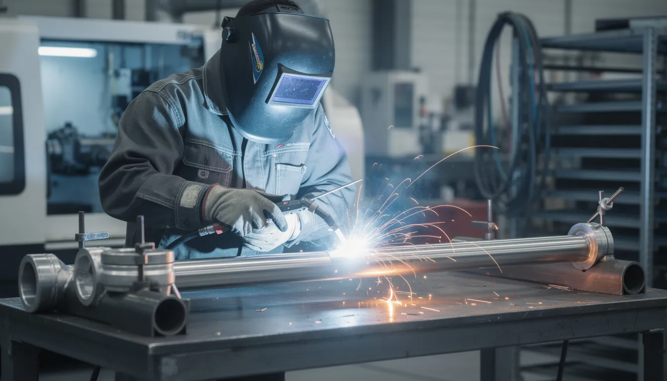 A skilled welder is performing TIG welding on heavy gauge stainless steel components in an industrial setting, focusing on ensuring maximum corrosion resistance for applications in corrosive environments. The process highlights the use of 316L stainless steel, known for its excellent corrosion-resistant properties, particularly in chloride environments.