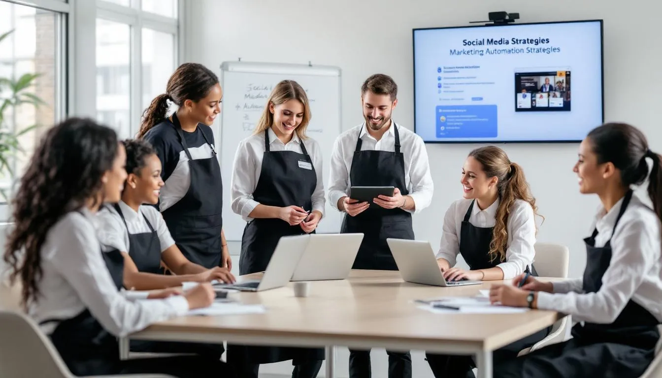 Un equipo de salón de belleza se encuentra en una sesión de capacitación, aprendiendo a utilizar herramientas de automatización de marketing para mejorar la gestión de clientes y optimizar sus campañas. La formación incluye el uso de software que facilita las reservas y la comunicación con los clientes a través de diferentes plataformas.