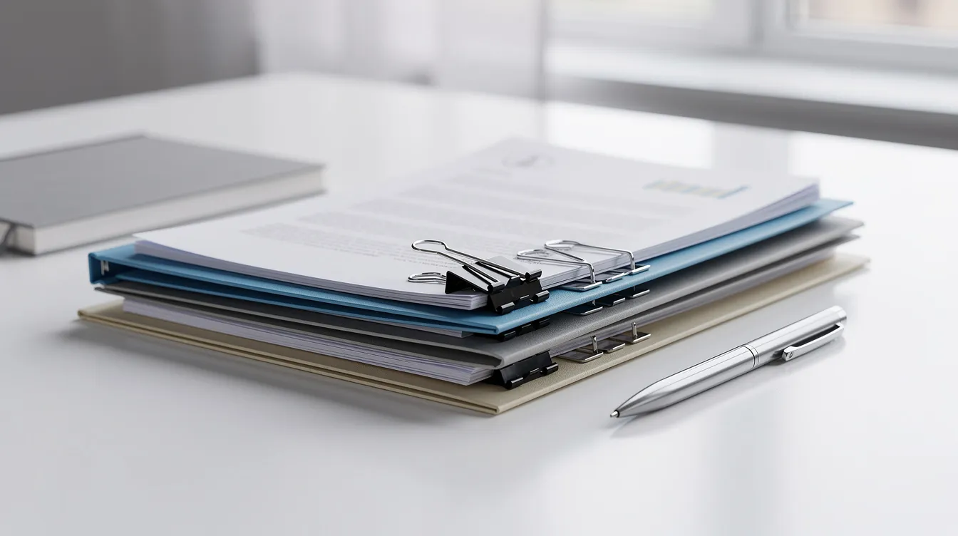 4d210df2 539d 40c8 92be 6b9042c6063b The image features a neatly organized stack of business documents and folders on a clean desk, representing the careful planning and preparation necessary for obtaining financial assistance, such as mudra loans, from a bank or financial institution. This orderly presentation suggests a focus on a successful business plan and the importance of maintaining a satisfactory credit track record for eligible borrowers.