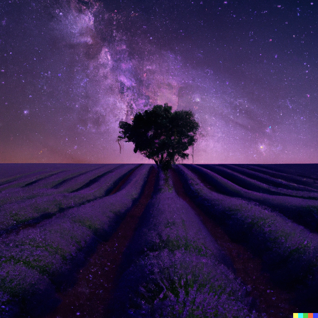 a beautiful photograph of a lone tree in a field of lavender under a star-studded night sky.