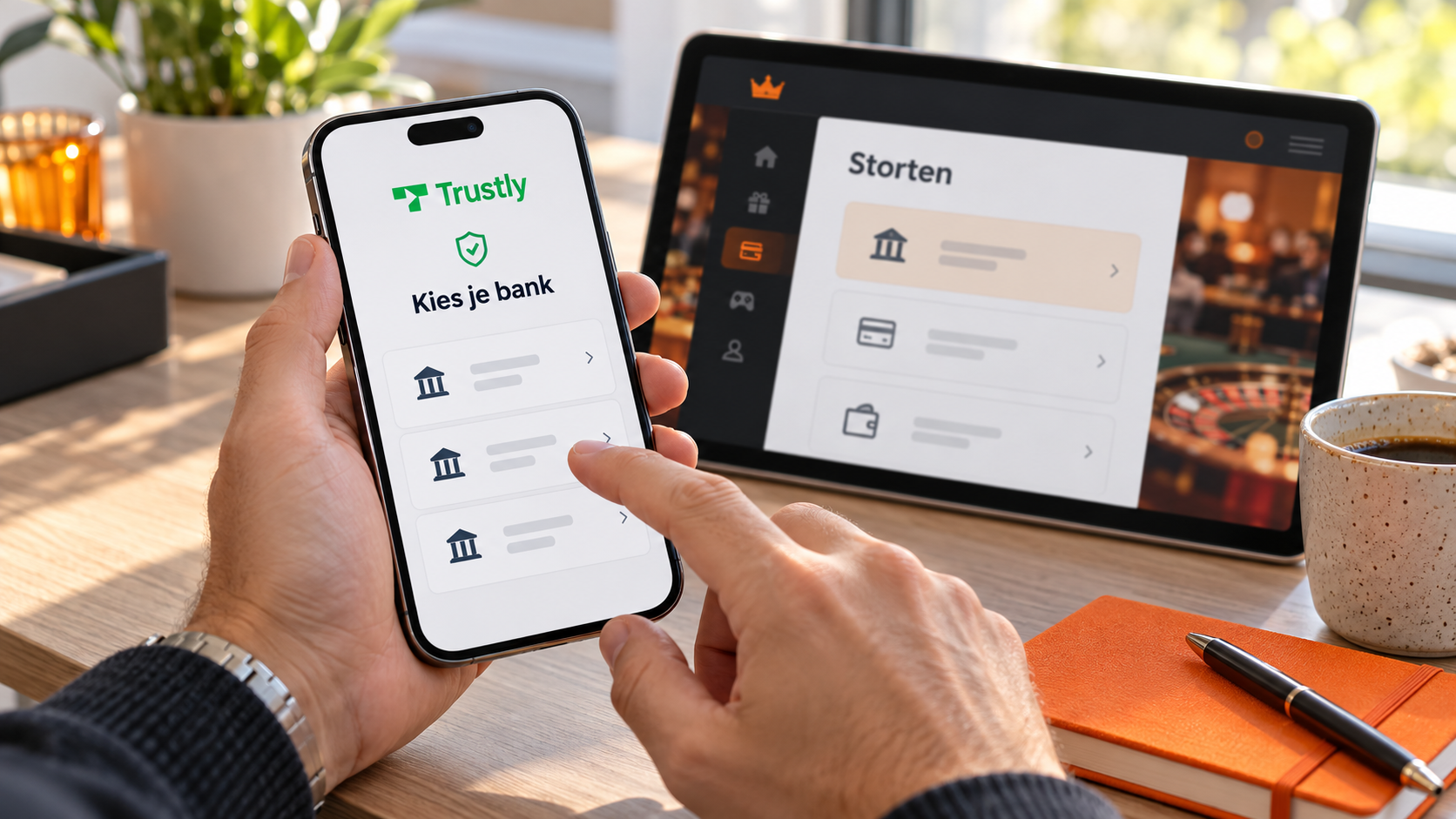 Persoon kiest een bank in de Trustly-interface op een telefoon, naast een stortingsscherm.