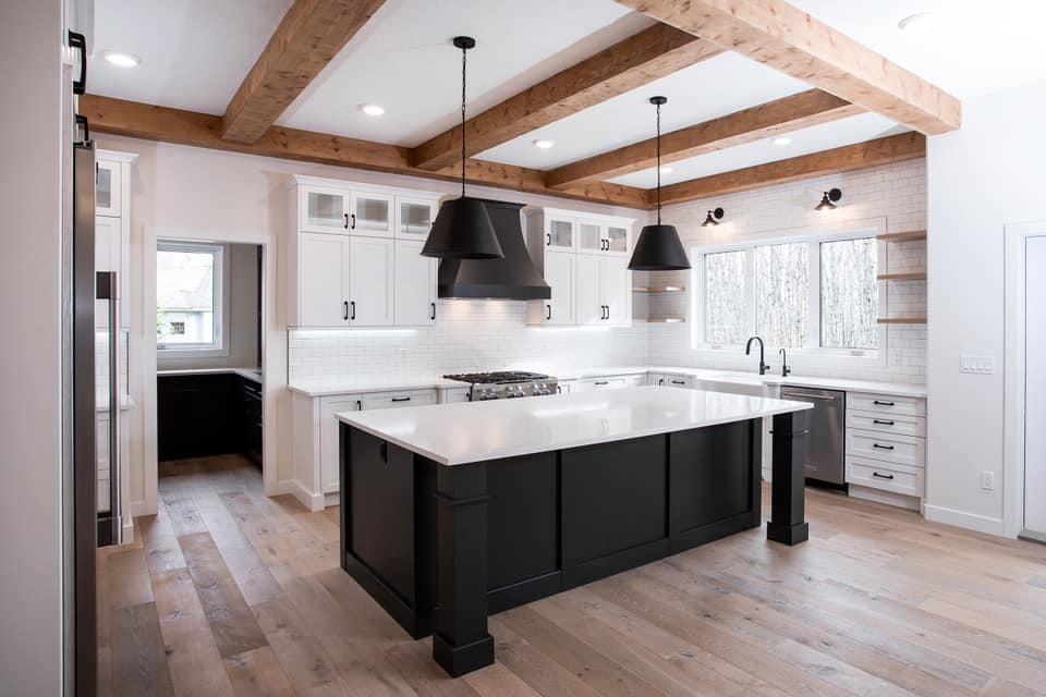 modern farmhouse kitchen cabinets with black island