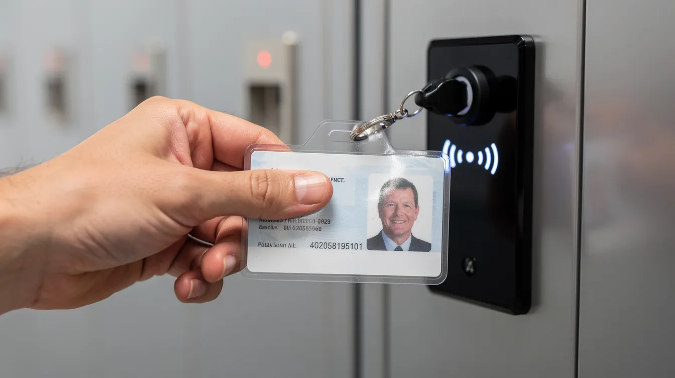 A close-up image of a hand holding an employee badge near a contactless reader on a smart locker panel, illustrating the use of smart locker technology for secure storage and keyless entry in modern workplaces. The scene highlights the integration of access control systems for managing personal items and belongings efficiently.
