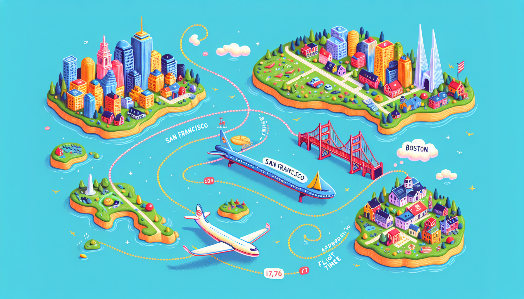 An illustration of a flight route from Boston to San Francisco, depicting the flight time and direction.