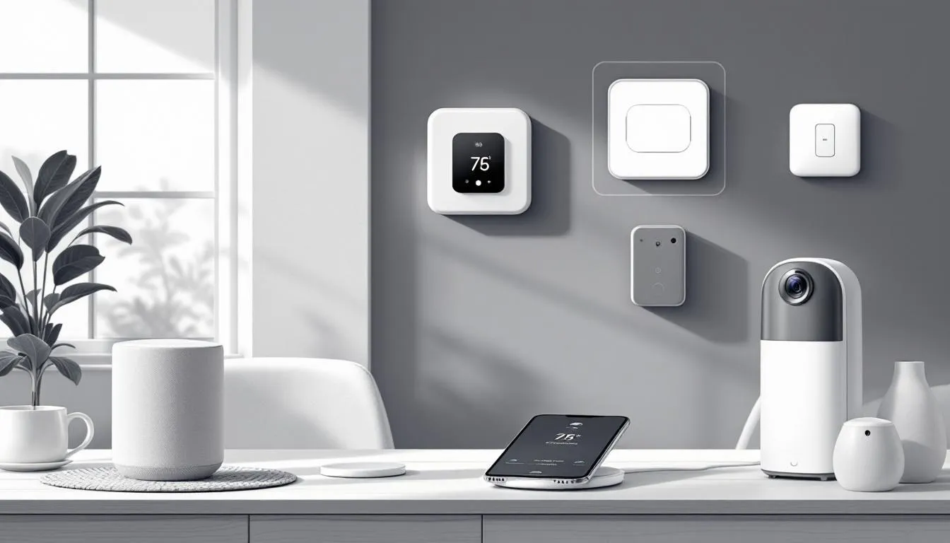 An illustration showing various smart home devices interconnected in a modern home, showcasing the concept of smart home systems.