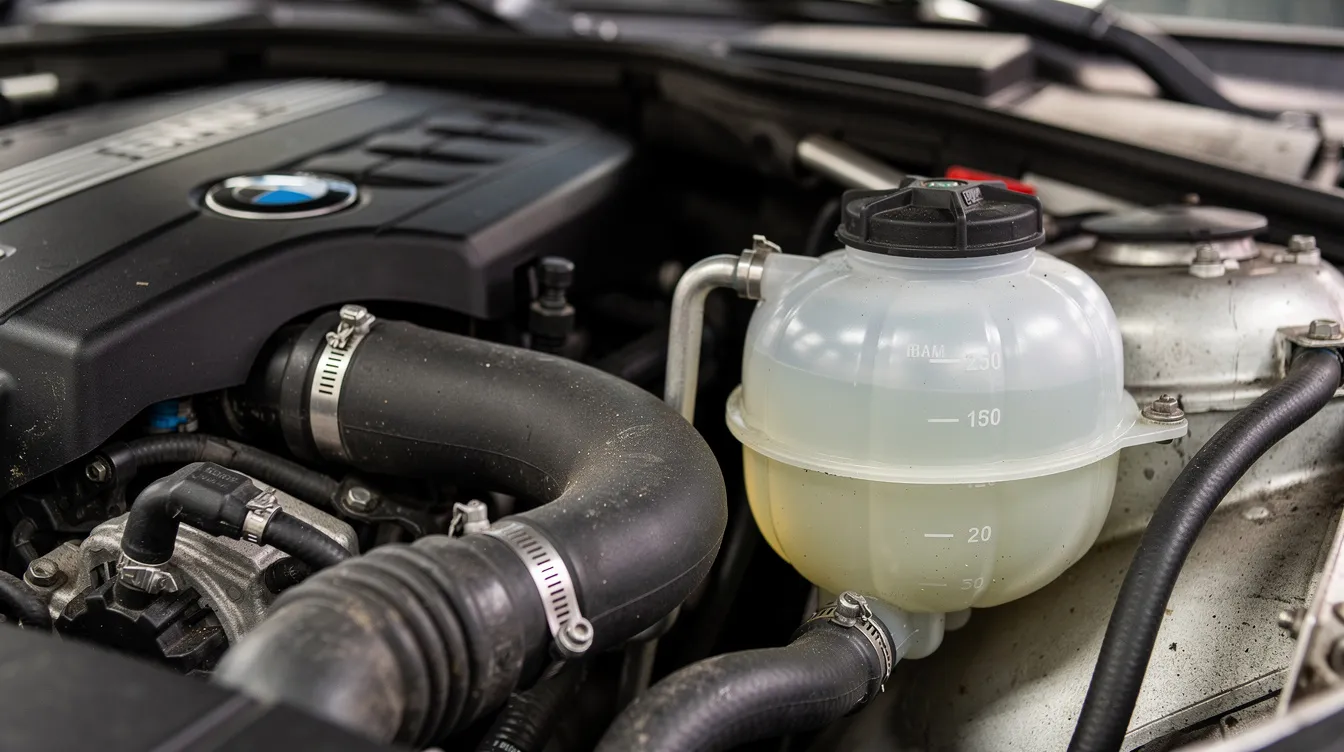 A close-up view of BMW engine cooling system components, featuring the expansion tank and various hoses, highlighting the intricate design and engineering that contribute to BMW's performance and reliability. This image illustrates essential parts for BMW maintenance, which are crucial for maintaining the vehicle's optimal driving experience.