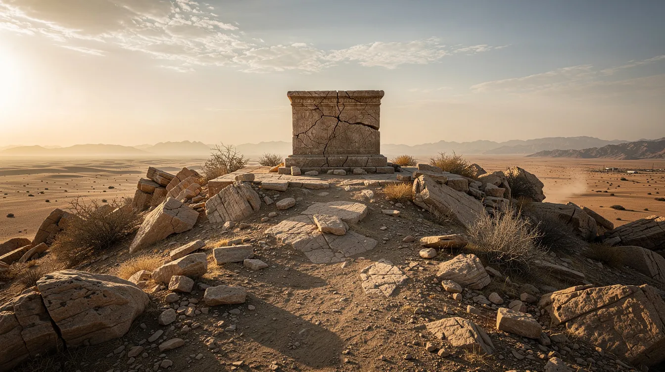 The image depicts a rocky hilltop featuring an ancient stone altar under an expansive open sky, set against a desert landscape. This scene evokes the significance of holy mountains in the Bible, symbolizing divine presence and transformative encounters, reminiscent of places like Mount Sinai where Moses received the Ten Commandments.