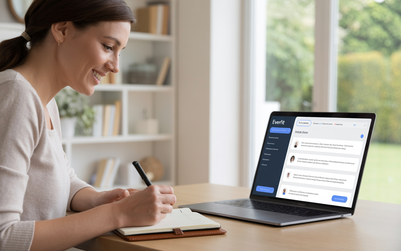 A laptop screen showing an EverFit training module with a smiling carer taking notes. 