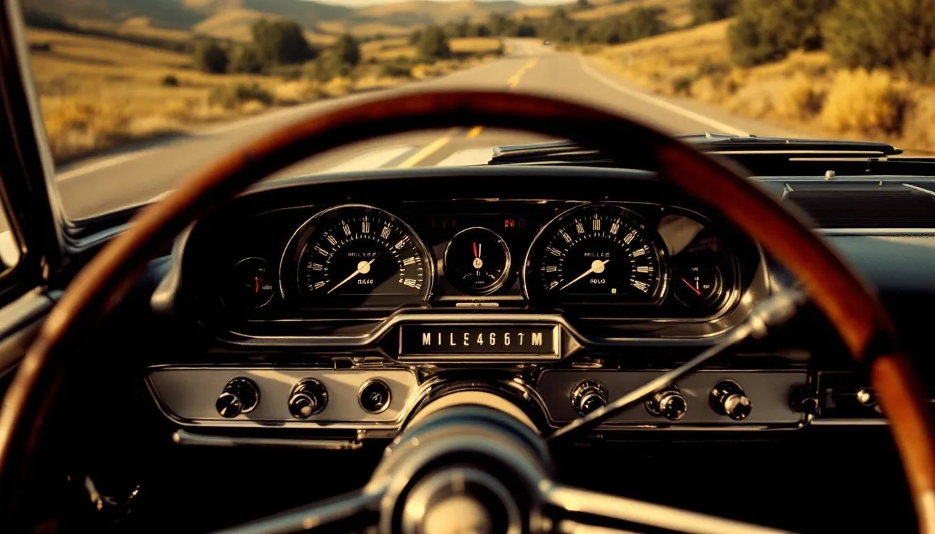 A close-up of a classic car's dashboard, focusing on the mileage indicator to discuss usage restrictions.