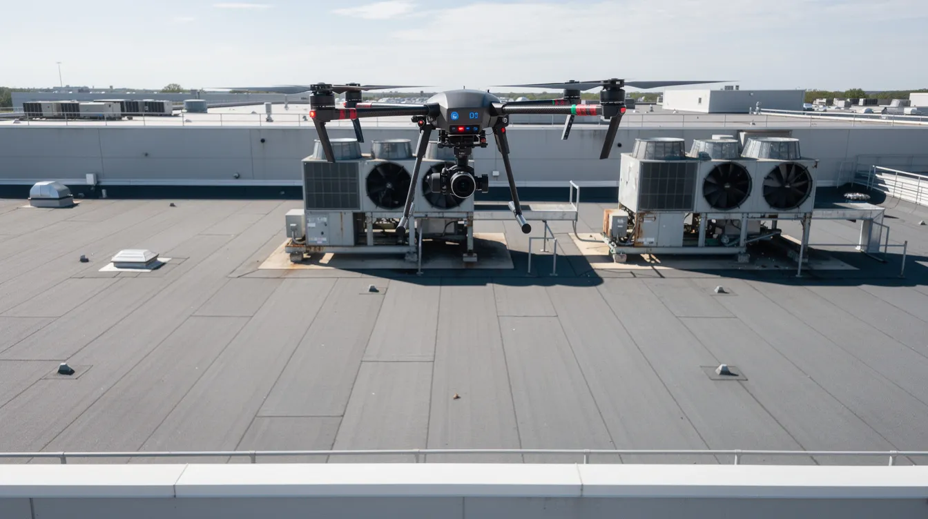 A professional multirotor drone is hovering above a large flat commercial rooftop, capturing high-resolution imagery of industrial HVAC units below. This drone inspection utilizes advanced drone technology to collect visual data, enhancing safety and efficiency in the construction industry.