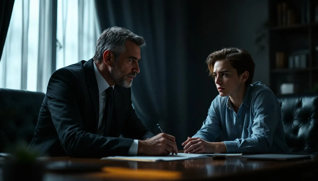 An experienced criminal defense solicitor discussing a case with a client.