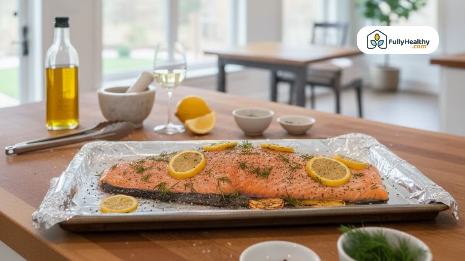 Raw salmon fillet on a foil lined baking sheet with lemon slices and fresh herbs before broiling.