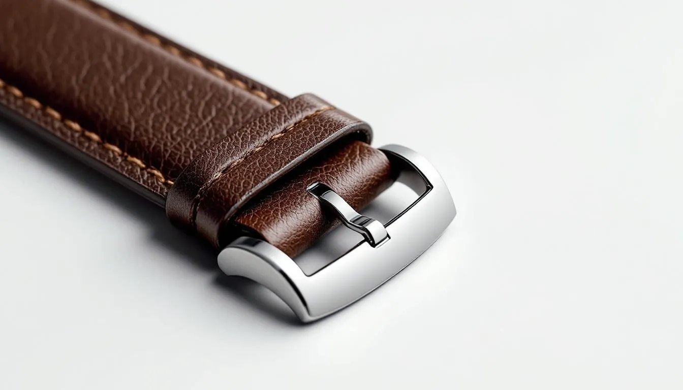 A detailed view showcases the curved end piece of a leather strap fitted to a Rolex Explorer case, highlighting the precise alignment and craftsmanship. The image emphasizes the elegant design and durable material, typical of Rolex watches, making it a popular choice for everyday wear.