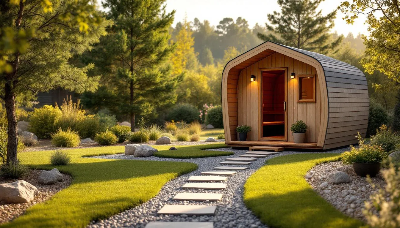 The image depicts a well-maintained outdoor sauna surrounded by lush landscaping and clear pathways, showcasing a cozy sauna cabin with a peaked roof and wooden walls. This inviting space is ideal for a relaxing sauna experience, highlighting the benefits of outdoor saunas in a serene backyard setting.
