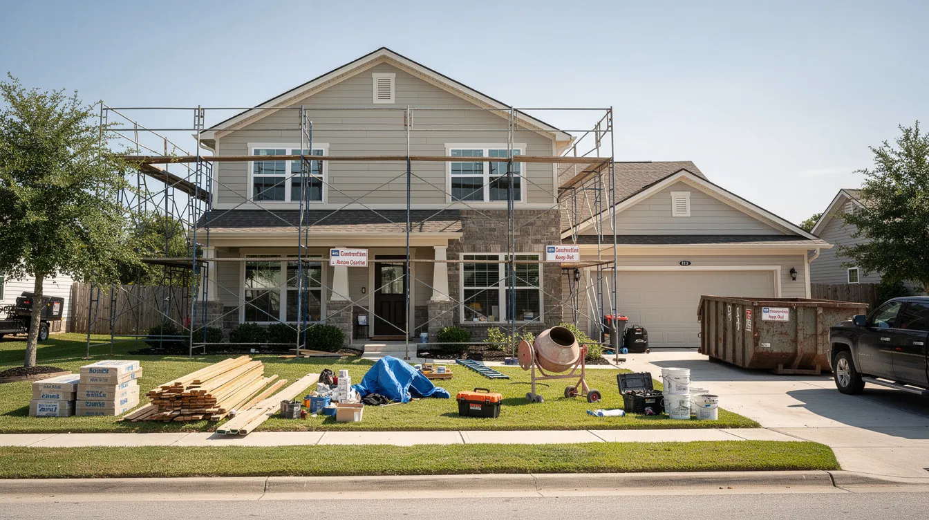 The image depicts a single-family home undergoing renovation, surrounded by scaffolding and various construction materials in the front yard, highlighting the transformation of an investment property. This scene is relevant for real estate investors considering hard money loans or construction loans to finance their fix and flip projects.