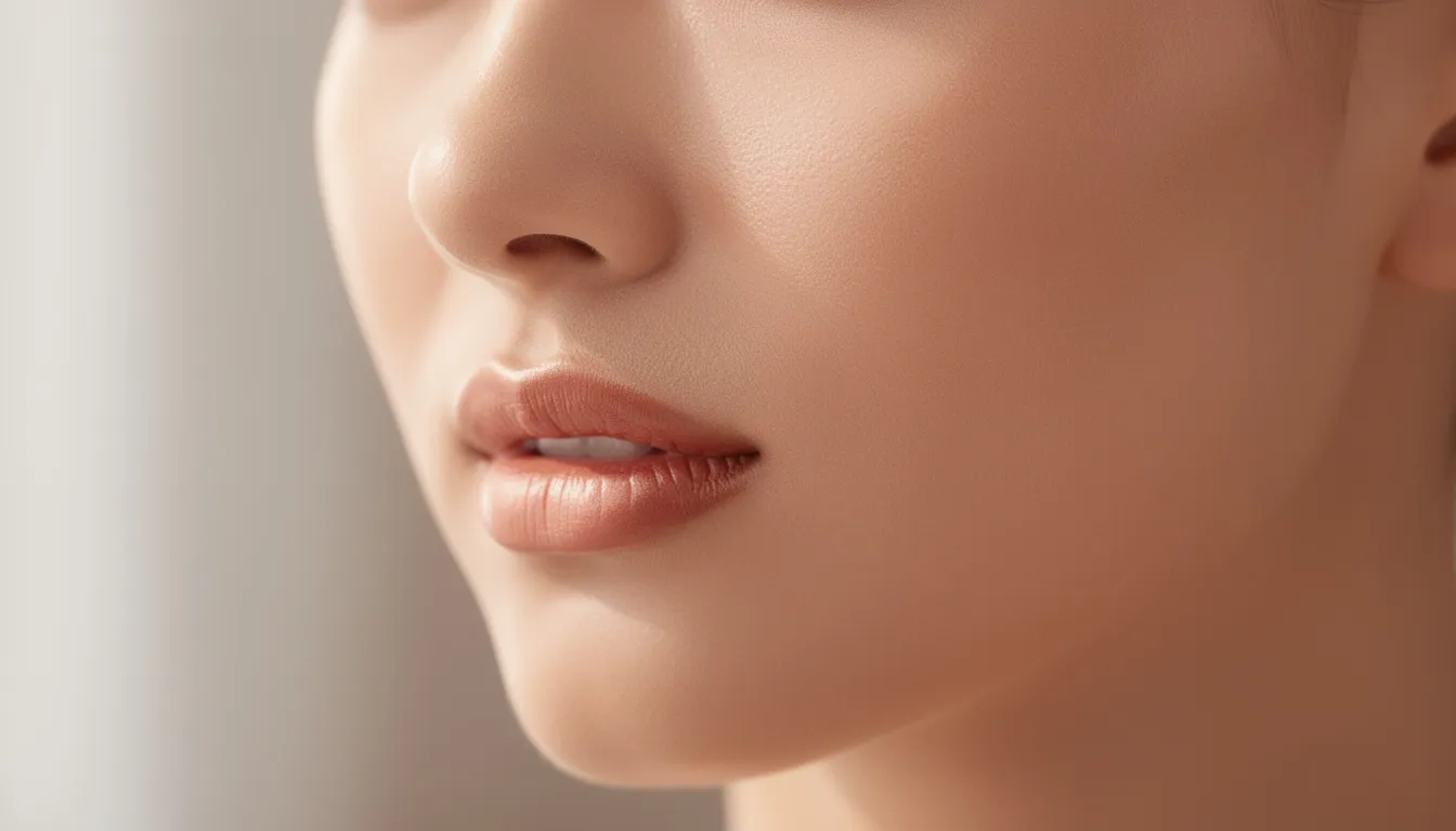 Zbliżenie na czystą, zdrową skórę twarzy bez widocznych niedoskonałości, co może być wynikiem skutecznego leczenia trądziku oraz odpowiedniej pielęgnacji. Taki wygląd skóry świadczy o poprawie ogólnej kondycji i regeneracji, co jest istotne w walce z problemami skórnymi.