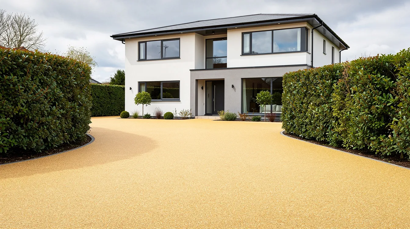 The image depicts a smooth resin bound driveway in warm golden tones, leading up to a modern detached house surrounded by neatly trimmed hedges, showcasing the visual appeal and contemporary look of resin bound driveways. This low maintenance driveway surface offers a durable and attractive option for homeowners looking to enhance their property's value.