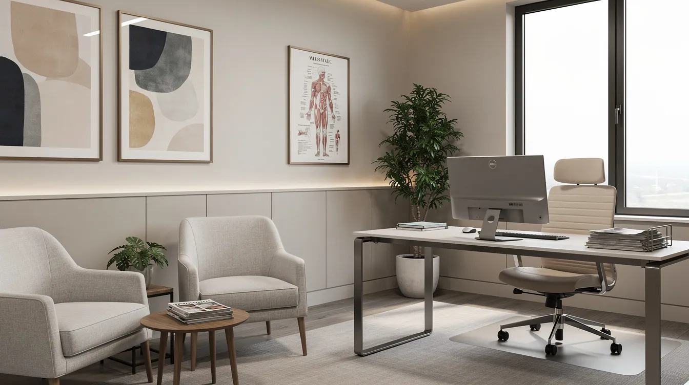 The image depicts a modern medical consultation room designed for comfort, featuring professional decor and cozy seating, suitable for discussing procedures like inner thigh liposuction. This inviting space emphasizes a welcoming atmosphere for patients seeking advice on cosmetic surgery for stubborn thigh fat and other related concerns.