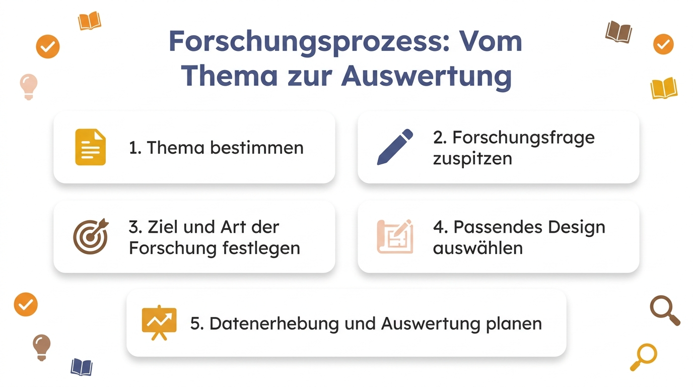 Infografik zum Forschungsprozess: vom Thema zur Auswertung in fünf Schritten – Thema bestimmen, Forschungsfrage zuspitzen, Ziel und Art der Forschung festlegen, passendes Design auswählen sowie Datenerhebung und Auswertung planen.
