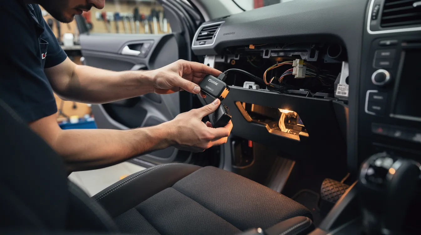 A technician is carefully installing a GPS tracking device under the dashboard of a vehicle, ensuring proper placement for optimal functionality in the GPS insight installation process.