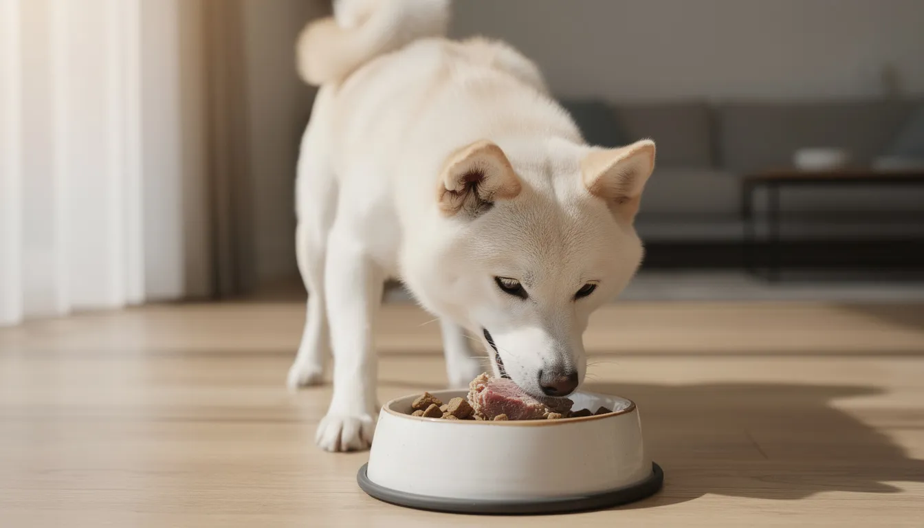 A Hokkaido dog, known for its hunting background and dense double coat, is happily eating high-quality dog food from a silver bowl. This medium-sized Japanese breed, recognized for its intelligence and active lifestyle, showcases its upright ears and wolf-grey fur while enjoying its meal.
