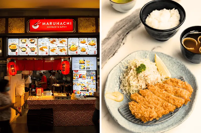A split image featuring the vibrant Maruhachi Donburi & Curry food stall decorated with red Japanese lanterns on the left, and a crispy tonkatsu set meal served on a wire rack with shredded cabbage, a bowl of rice, and miso soup on the right.