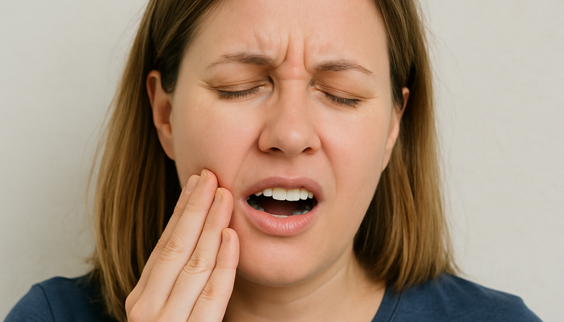 Kul i tannkjøttet – Bør du bekymre deg? Dette må du vite 12 Kvinne som holder seg til kinnet med smertefullt uttrykk i ansiktet, som tegn på tannkjøttbetennelse eller tannverk.