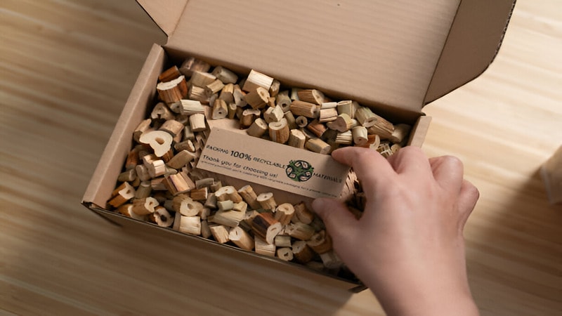  100% Recyclable Materials label on a cardboard box 