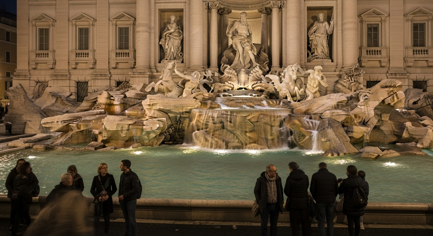 The Trevi Fountain at night, softly lit and calmer than during the day, with a few visitors standing quietly as water reflects the evening lights.