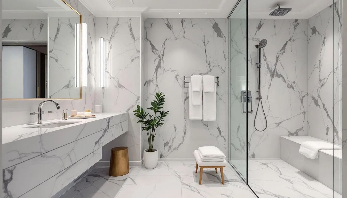The image depicts a luxurious hotel double room bathroom featuring elegant marble surfaces and premium amenities, designed to provide a high-end experience for guests. The spacious layout includes modern fixtures, enhancing the overall comfort and style of the hotel room.