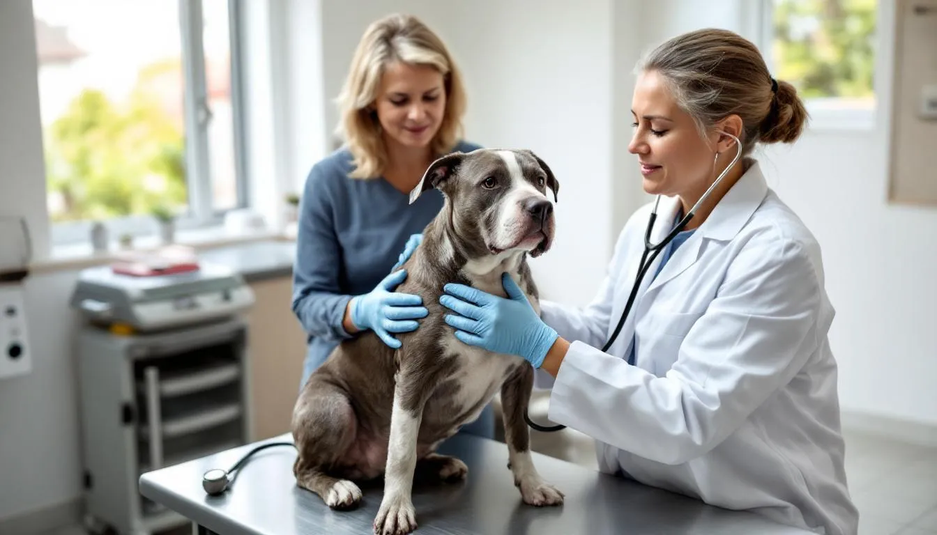 A veterinarian is examining a senior dog, checking its overall health and cognitive function, while the concerned owner observes closely. This scene highlights the importance of veterinary medicine in addressing issues like cognitive dysfunction syndrome in older dogs, which can lead to symptoms similar to dementia.