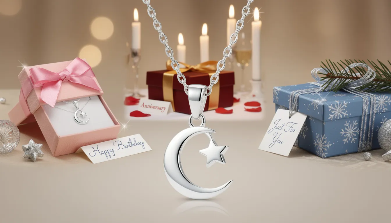 The image showcases a beautiful sterling silver star and moon pendant, featuring a delicate crescent moon and a shimmering star, perfect for gifting on special occasions. This elegant piece of jewellery is part of a new collection, designed to adorn and inspire, making it a cherished present for loved ones.