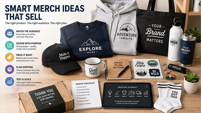 Smart merch ideas with apparel, bags, drinkware, stickers, socks, and packaging for brand campaigns.