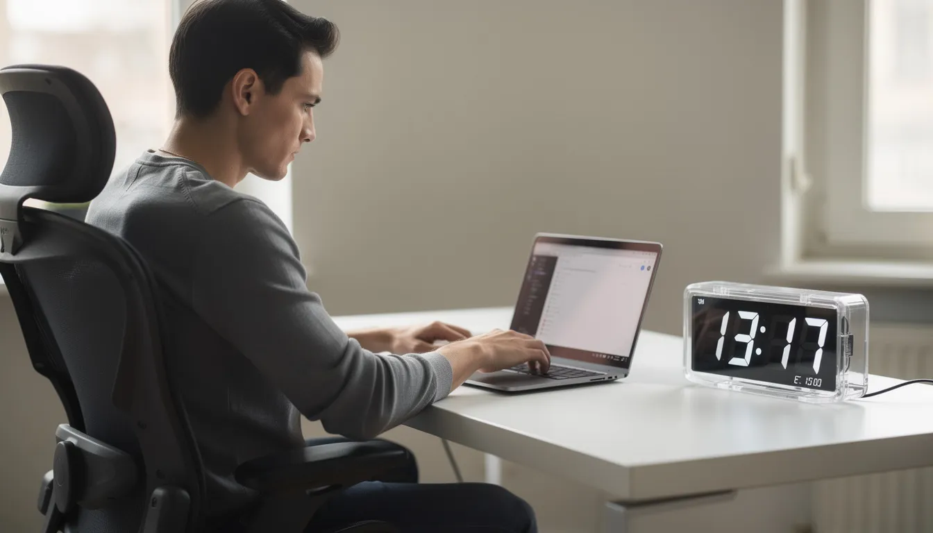 A person is sitting at a desk, focused on their laptop with a timer set beside them, symbolizing their commitment to stop procrastinating and tackle important tasks. This scene captures the essence of overcoming procrastination by promoting deep work and maintaining self-control to achieve their most important goals.