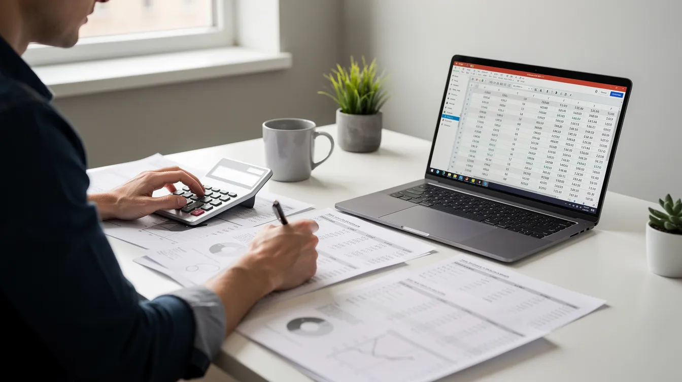 A person is sitting at a desk, focused on reviewing financial documents related to fix and flip projects, with a calculator and laptop nearby. The scene highlights the importance of understanding loan terms and renovation costs for real estate investors engaged in house flipping.