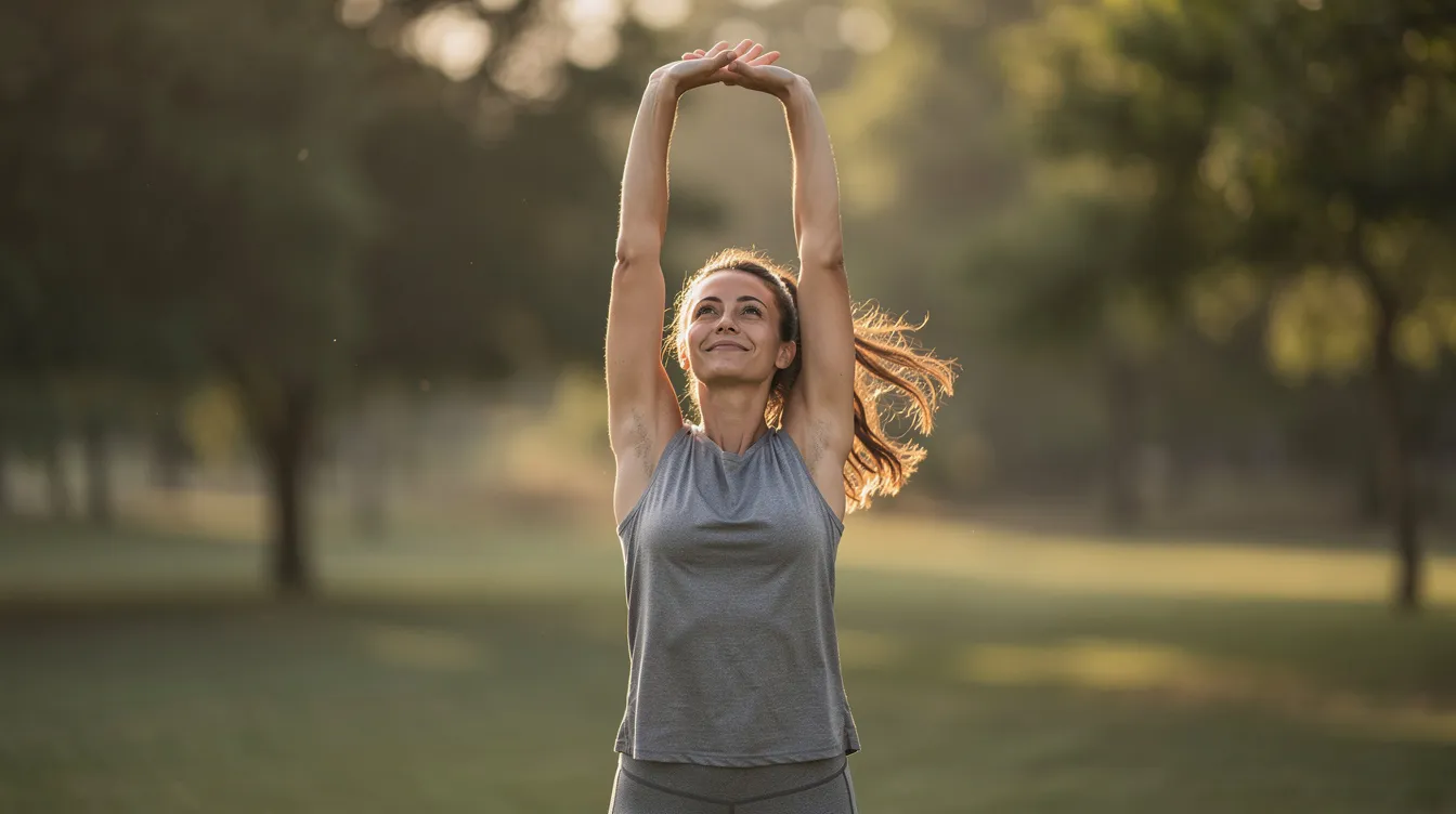 The image shows a person stretching their arms upward outdoors in soft natural light, symbolizing freedom and confidence. This pose highlights the upper arms, which may be of interest to those considering arm lift surgery, especially after significant weight loss, as it showcases the potential for a contoured appearance and improvement in skin quality.
